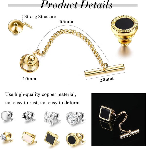 THUNARAZ 8 Pcs Tacks for Men Regular Ties Necktie 14K Gold Plated Pins with Chain for Wedding Business Anniversary