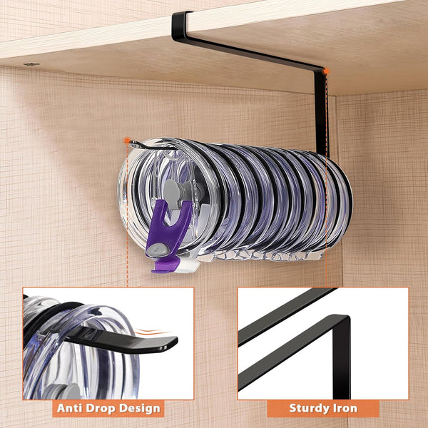 Tumbler Lid Organizer, Horizontal Tumbler Lid Storage Hook up to 10 Lids, Space Saving Cup Lid Holders under Cabinet Tumbler Lid Hook for Kitchen