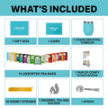Tea Gifts for Women â Sampler Gift Basket with 15 Unique Blends, Honey Sticks, Stainless Tumbler & Gift-Ready Box (Mom Card-Teal)