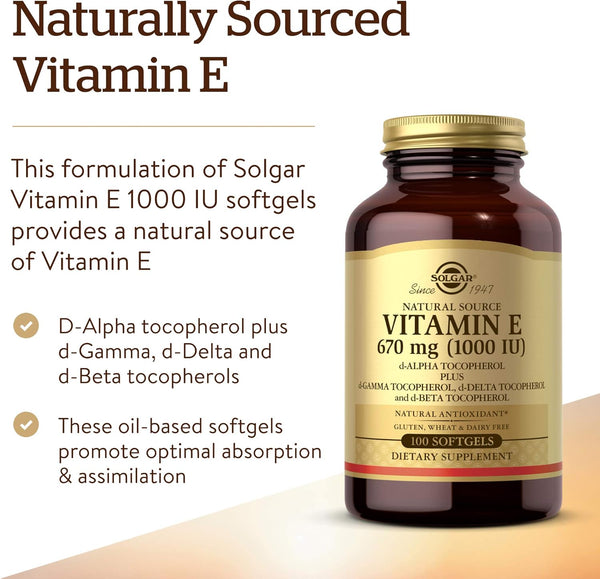 Solgar Vitamin E 670 Mg (1000 IU), 100 Mixed Softgels - Natural Antioxidant, Skin & Immune System Support - Naturally-Sourced Vitamin E - Gluten