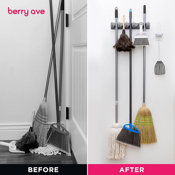 Berry Ave Broom Holder Wall Mount and Garden Tool Organizer, Closet Storage, Kitchen Rack, Home Organization and Garage Organizer for Rake or Mop