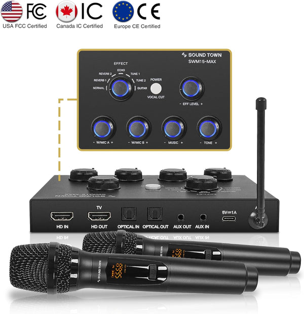 Sound Town 16 Channels Wireless Microphone Karaoke Mixer System W/ 2 Wireless Mics, HD ARC, Optical (Toslink), AUX, Supports Smart TV, Media Box,