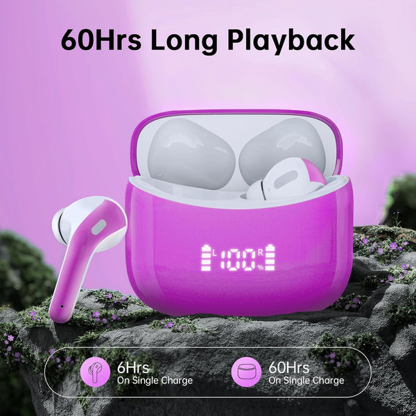 Wireless Earbuds Bluetooth 5.4 Headphones 60H Playtime Bass Stereo Ear Buds with Noise Cancelling Mic LED Display Earbud & in Ear Earphones IP7
