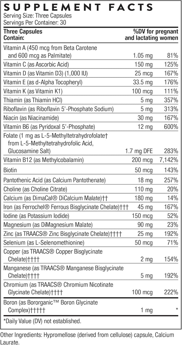 THORNE Basic Prenatal - Well-Researched Folate Multi for Pregnant and Nursing Women Includes 18 Vitamins and Minerals, plus Choline - 90 Capsules