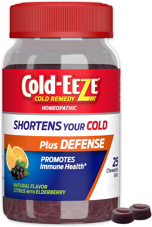 Cold-Eeze plus Defense Natural Citrus & Elderberry Zinc Chewable Gels, Homeopathic Cold Remedy, Shortens Common Cold Symptoms, Promotes Immune