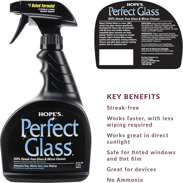 HOPE'S Perfect Glass Cleaner, Streak-Free, Ammonia-Free Window, Mirror, Screen, and Shower Door Cleaner, Indoor and Outdoor Glass Surfaces, 32 Fl