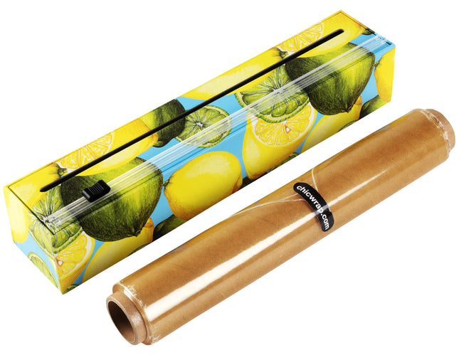 Chicwrap Lemon Refillable Plastic Wrap Dispenser - Includes 12" X 250' Roll Professional Grade Disposable Plastic Wrap -