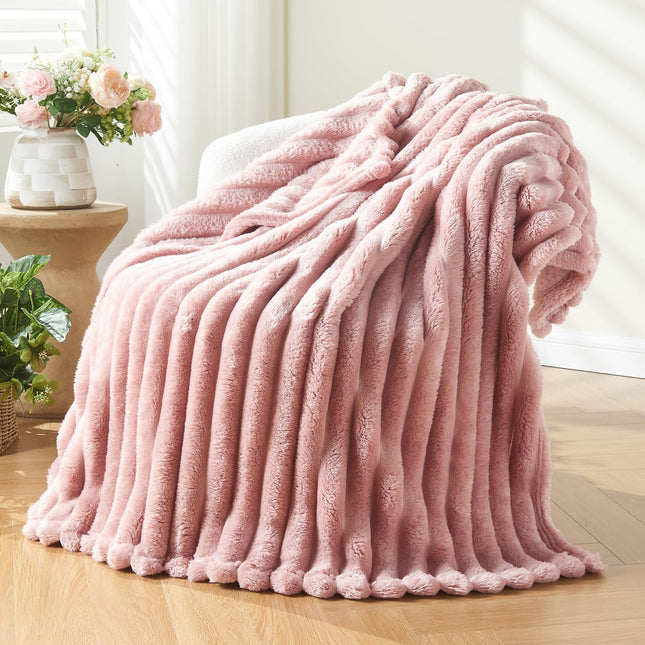 NEWCOSPLAY Super Soft Throw Blanket Pink Premium Silky Flannel Fleece 3D Ribbed Jacquard Lightweight Bed Blanket All Sea