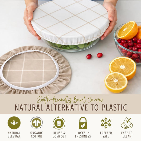Nectar & Nest Reusable Bowl Covers for Bread Proofing (2 Lg) - Beeswax Bowl Covers Reusable, 100% Organic Cotton, Elastic Cover for Sourdough,