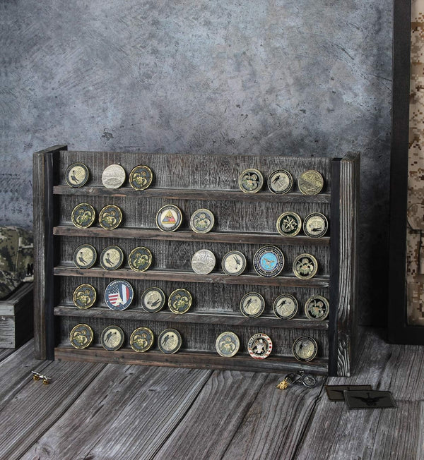 J JACKCUBE DESIGN Rustic Wood Wall Mount Coins Display Rack - 5 Tier Military Holder for Army, Air Force, Navy Awards Collectors Shelf - MK590A