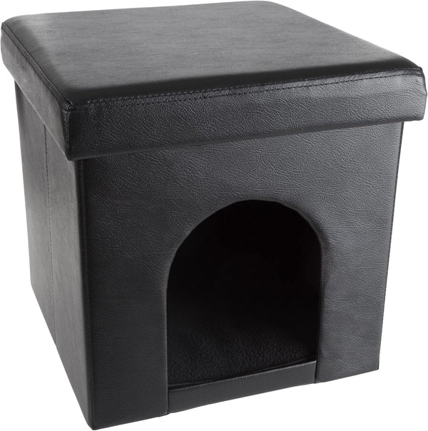 Cat House â Collapsible Multipurpose Small Dog or Cat Ottoman with Footrest, Cushioned Top, and Interior Pillow by PETMAKER (Black)