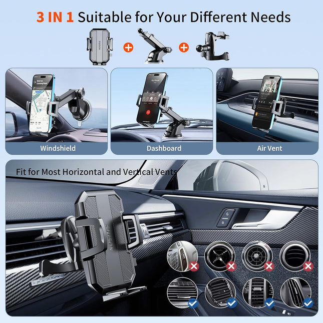 Upgraded 3-In-1 Car Phone Holder Mount [Powerful Suction] Phone Mount for Car Dashboard Air Vent Windshield Hands Free M