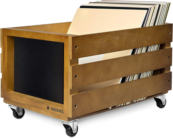 Navaris Wood Record Crate with Wheels - Vinyl Album Storage Holder Box Wooden Case with Chalkboard Sign Board - Holds up to 80 LP Records - Brown