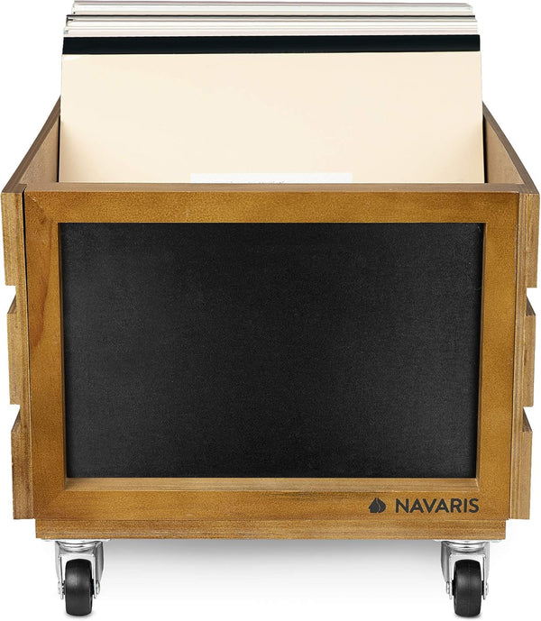 Navaris Wood Record Crate with Wheels - Vinyl Album Storage Holder Box Wooden Case with Chalkboard Sign Board - Holds up to 80 LP Records - Brown