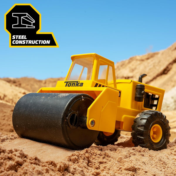 Tonka Steel Classics - Steam Roller - Made with Steel, Yellow Toy Truck, Boys and Girls, Toddlers Ages 3+, Big Construction Truck, Birthday Gift,