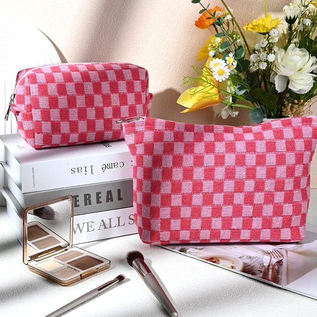 SOIDRAM 2 Pieces Makeup Bag Large Checkered Cosmetic Bag Capacity Canvas Mix Travel Toiletry Bag Organizer Cute Makeup B