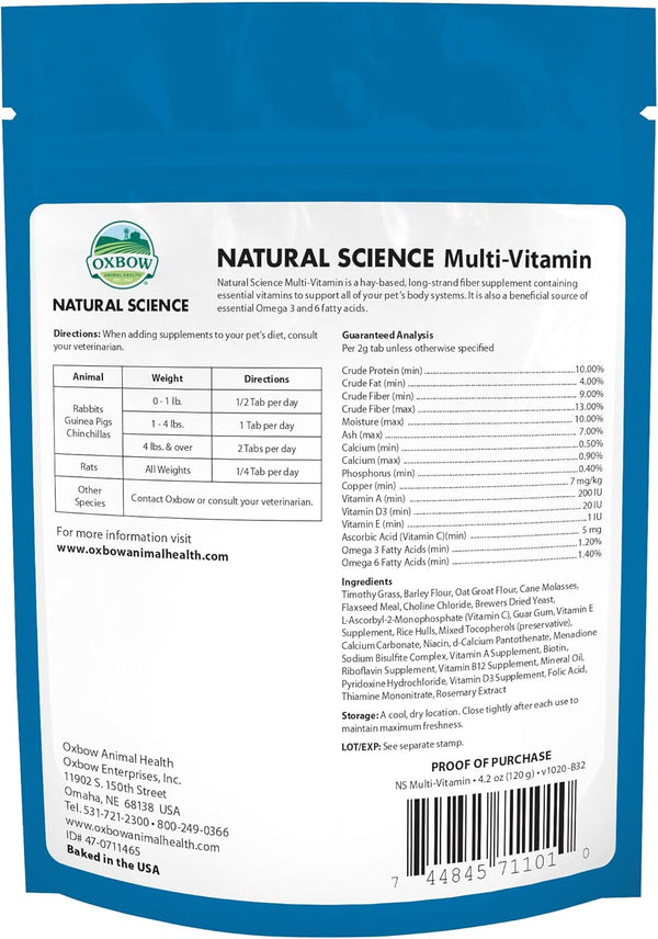 Oxbow Natural Science Multi-Vitamin, High Fiber Supplement for Rabbits & Guinea Pigs, Made with Timothy Hay, Multi-Pet Households, Omega 3 & 6