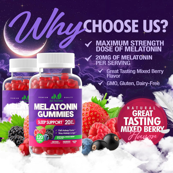 Melatonin 20Mg Gummies for Adults (120 Count) - Maximum Strength Sleep Aid with 10Mg of Melatonin per Gummy - Gluten-Free, Non-Gmo, Vegetarian,