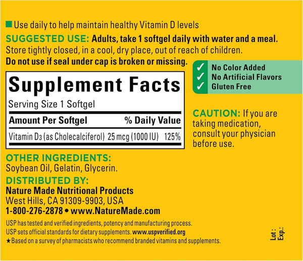 Nature Made Vitamin D3 1000 IU (25 Mcg), Dietary Supplement for Bone, Teeth, Muscle and Immune Health Support, 180 Softgels, 180 Day Supply