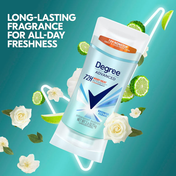 Degree Advanced Protection Antiperspirant Deodorant Shower Clean for 72-Hour Sweat & Odor Control for Women, with Body Heat Activated Technology,