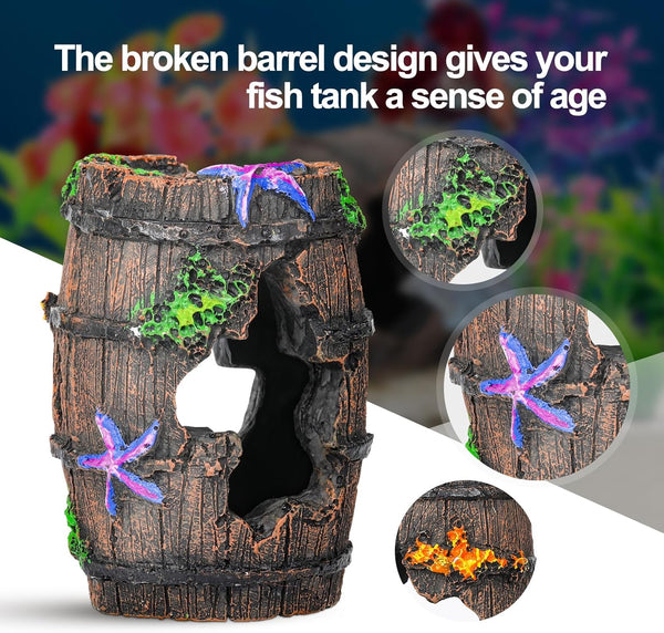 Cousduobe Fish Broken Barrel Decor Fish Tank Decorations Betta Fish Tank Accessories,Starfish Barrel X 1Pc, Fish Tank Plants X 8Pcs