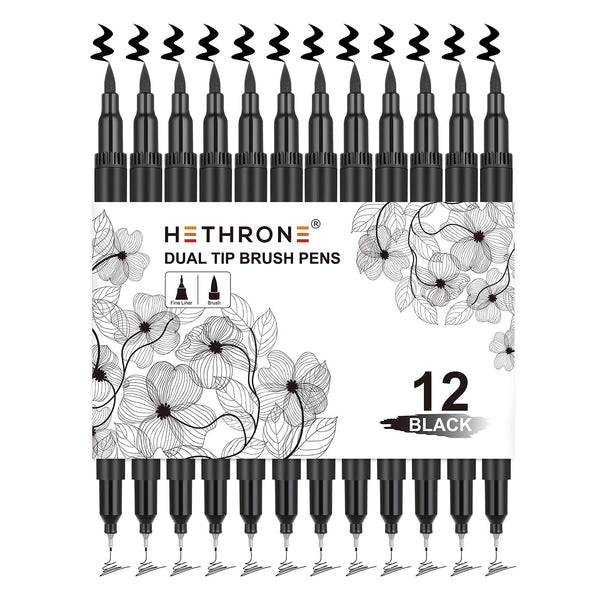 Hethrone Black Markers for Drawing - Brush Pens with Felt Tips for Artists - Calligraphy Pens, 12 Pack