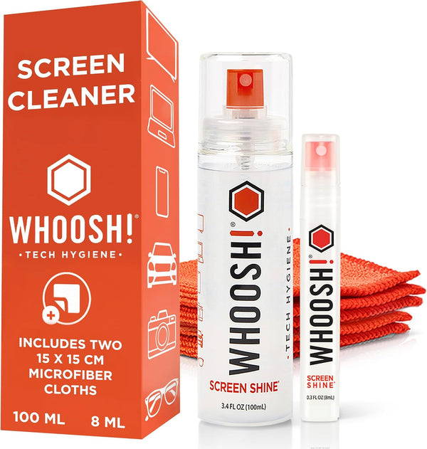 WHOOSH! Screen Shine Duo - Screen Cleaner Spray for Ipad, Monitor, Laptop, Macbook - 3.4 Oz & 0.3 Oz Bottles with 2 Microfiber Cloths - Portable