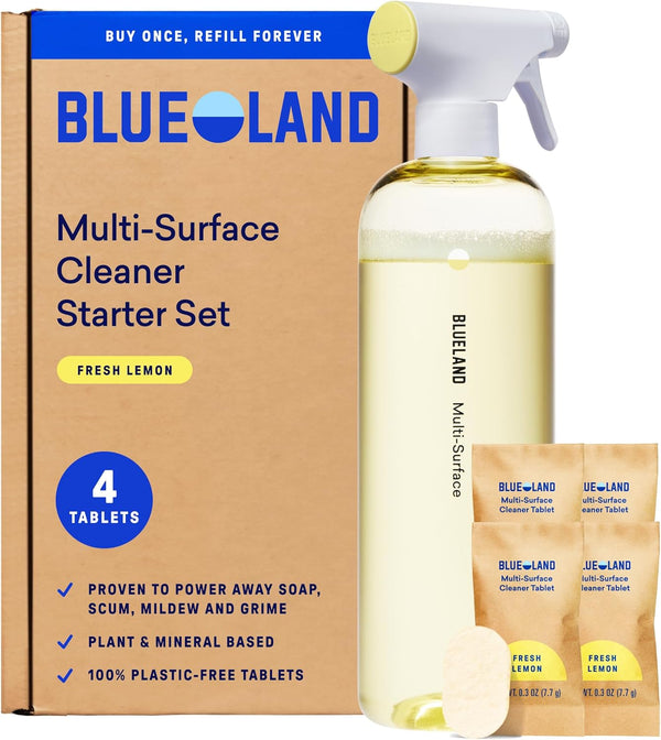 BLUELAND Multi-Surface Cleaner, Starter Set, Fresh Lemon Scent, Spray Bottle with 4 Refill Tablets, All-Purpose, Eco-Friendly Cleaning Supplies, 4