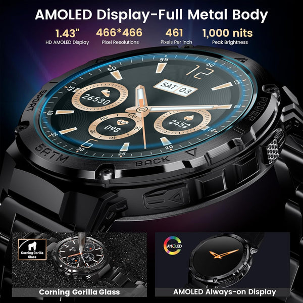 Smart Watches for Men GPS, Pressure,Altitude,Compass, 480Mah Extra-Large Battery, 50M Waterproof, Full Metal Body Rugged Smartwatch, Answer/Make