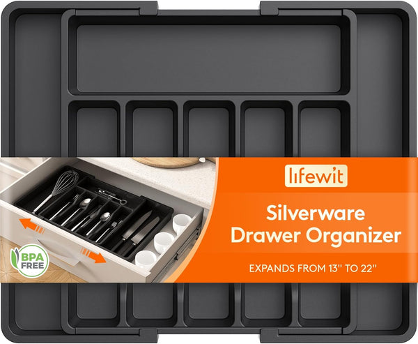 Lifewit Large Silverware Drawer Organizer, Expandable Utensil Tray for Kitchen, BPA Free Flatware and Cutlery Holder, Adjustable Plastic Storage