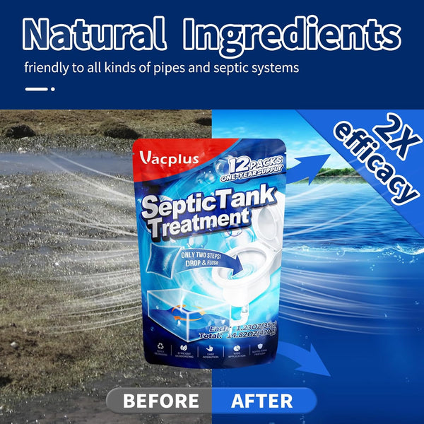 Vacplus Septic Tank Treatment 12 Pcs for 1-Year Supply, Dissolvable Packs with Easy Operation, Durable Biodegradable Enzymes for Wastes, Greases &