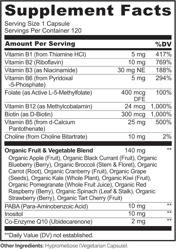 NATURELO Vitamin B Complex with Methyl B12, Methyl Folate, Vitamin B6, Biotin plus Choline, Coq10, and Fruit & Vegetable Blend - Supports Energy &