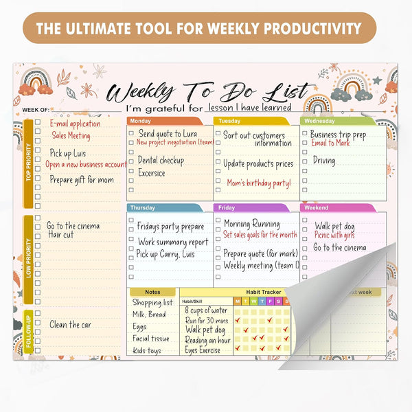 Weekly Planning To-Do-List Pad, 52 Undated Sheets for Daily To-Do Lists, Habit Tracking, Academic Scheduling, and Productivity Goals - Perfect for