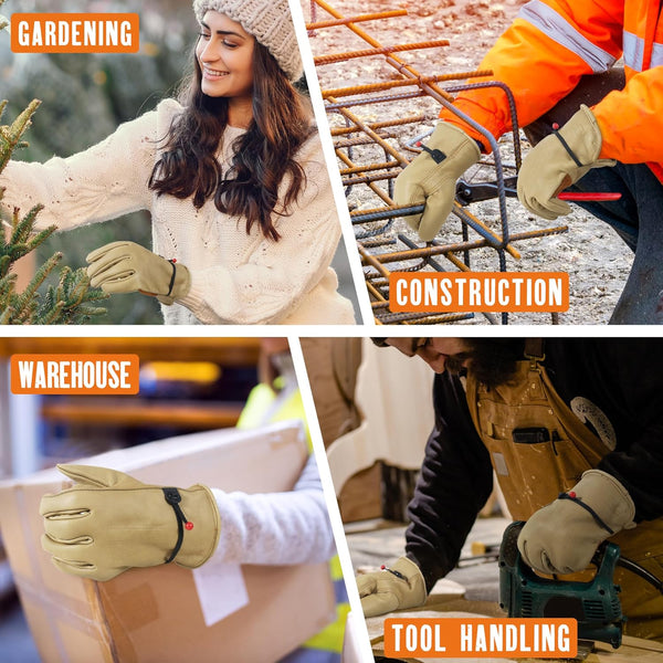 Leather Winter Work Gloves Multipurpose Heated Adjustable Wrist for Construction Tools & Home Improvement Brown M