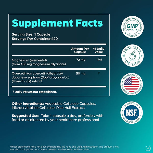 Sandhu'S Quercetin with Magnesium Glycinate Capsules for Men & Women | Supports Immune Health, Quality Sleep & Relaxation | 120 Count (Pack of 1)