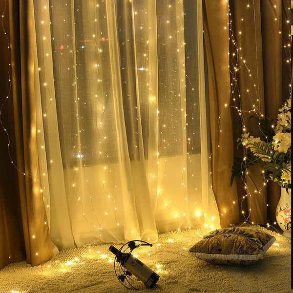 Vigdur Led Curtain String Lights, 8FT Window Fairy Lights for Bedroom with 210 Warm LEDs, Hanging Twinkle Indoor String Light for Party Wedding