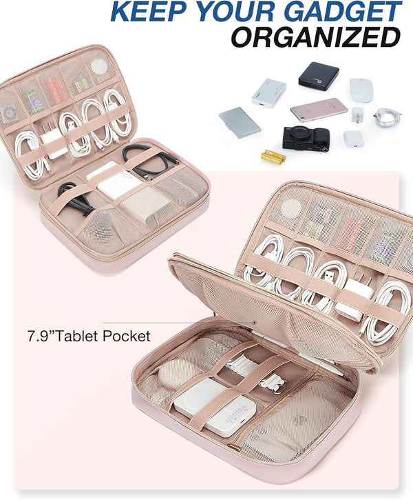 BAGSMART Electronic Organizer Case - Double Layer Cord and Tech Travel Organizer Bag for Charging Cables, Pink
