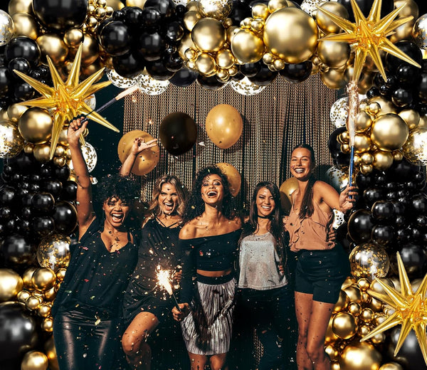 FOTIOMRG Black and Gold Balloons Garland Arch Kit, 5 10 12 18Inch Black Gold Confetti Latex Balloons for 2024 Graduation New Year Anniversary
