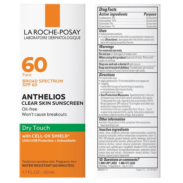La Roche-Posay Anthelios Clear Skin Sunscreen Dry Touch SPF 60, Oil Free Sunscreen For Face, Oil Absorbing, Broad Spectrum SPF + Antioxidants,