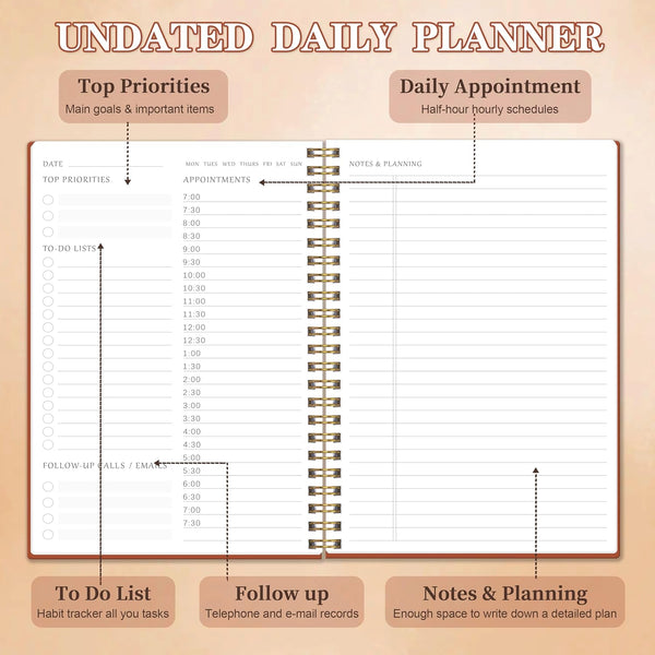 Beautiful Daily Planner Undated - to Do List Notebook with Hourly Schedules, 5.9"X 8.6", Aesthetic Planner Organize Tasks and Appointments,A5