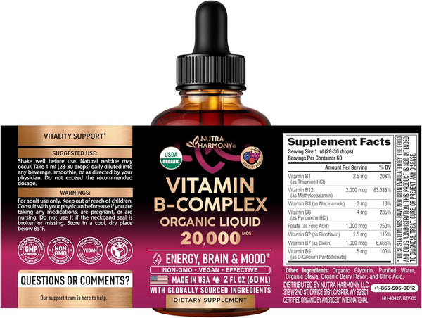 USDA Organic Vitamin B-Complex B5 Pantothenic Acid | B12 Methylcobalamin | B1 Thiamine | B6 Pyridoxine | B7 Biotin | B9 Folic | B3 Niacinamide - B