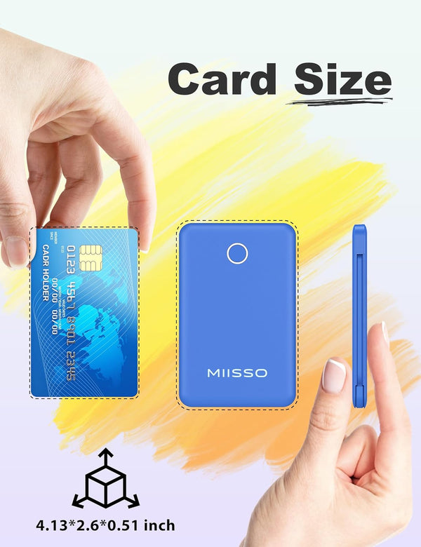 6000Mah Ultra Slim Built in Cables Power Bank, Card Size Built in USB C Cords Battery Pack Portable Charger for Phones, 3 Output External Battery