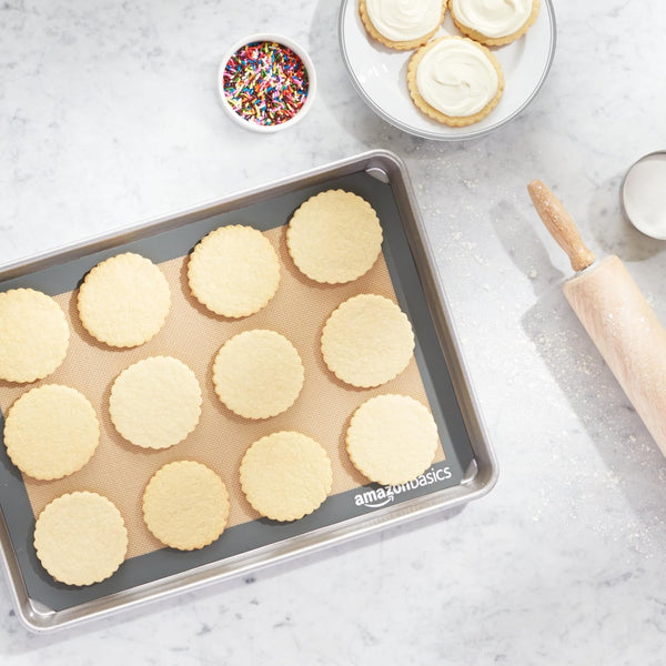 Amazon Basics Rectangular Silicone, Non-Stick Reusable, Food Safe Baking Mat, Pack of 2, 16.5"L X 11.6"W, New Beige/Gray