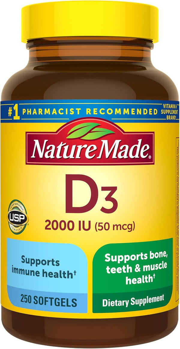 Nature Made Vitamin D3 2000 IU (50 Mcg), Dietary Supplement for Bone, Teeth, Muscle and Immune Health Support, 250 Softgels, 250 Day Supply