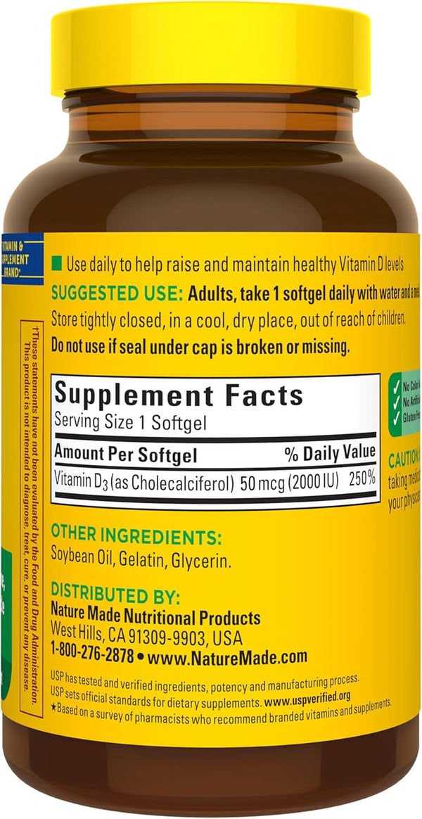 Nature Made Vitamin D3 2000 IU (50 Mcg), Dietary Supplement for Bone, Teeth, Muscle and Immune Health Support, 250 Softgels, 250 Day Supply