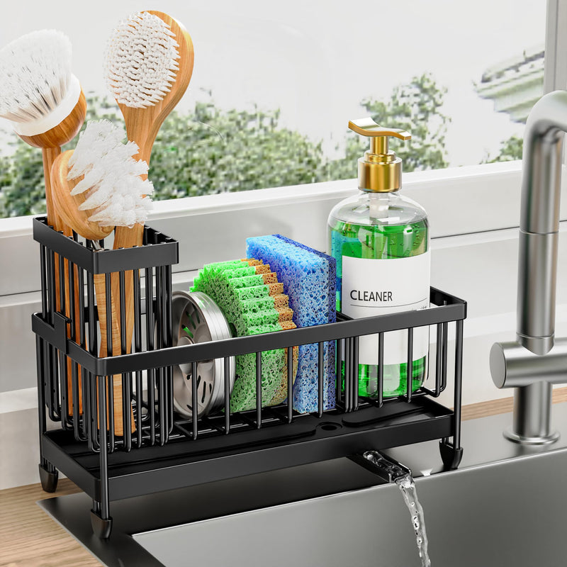 Cisily Black Sponge Holder for Kitchen Sink, Sink Caddy Organizer with High Brush Holder, Kitchen Countertop Organizers and Storage Essentials,