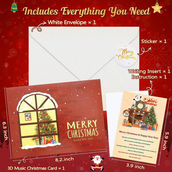 Christmas Card Pop up with Light and Music 3D Santa Fireplace Merry Christmas Greeting Card with Envelope for Kids Girls Women Man Christmas Gift