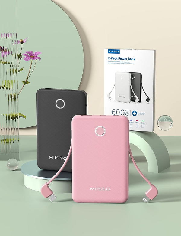 6000Mah Ultra Slim Built in Cables Power Bank, Card Size Built in USB C Cords Battery Pack Portable Charger for Phones, 3 Output External Battery