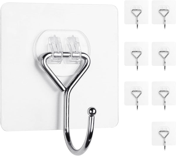 Meknow Large Adhesive Hooks Utility Hooks 8 Pack Waterproof and Rustproof Wall Hooks for Hanging Heavy Duty, Stainless Steel Robe & Towel Hanger