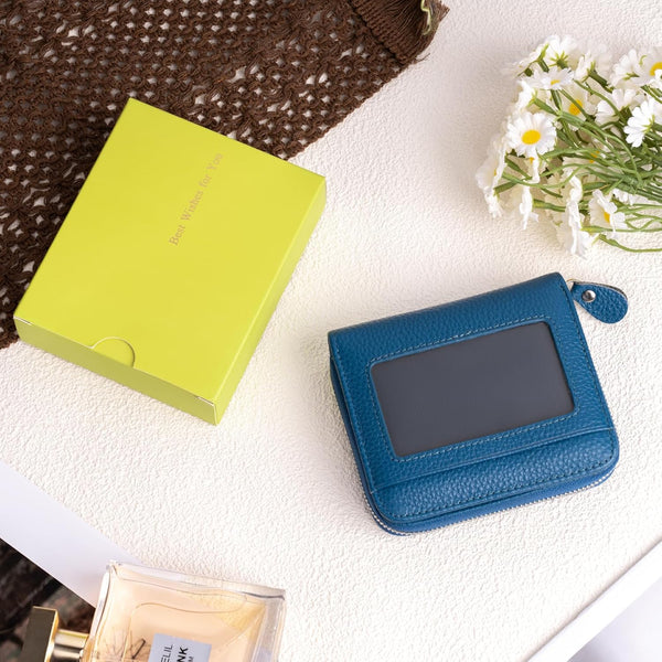 Small Wallet for Women, Genuine Leather RFID Blocking Credit Card Holder Slim Compact Coin Purse Women'S Wallets with ID Window 8 Card Slots